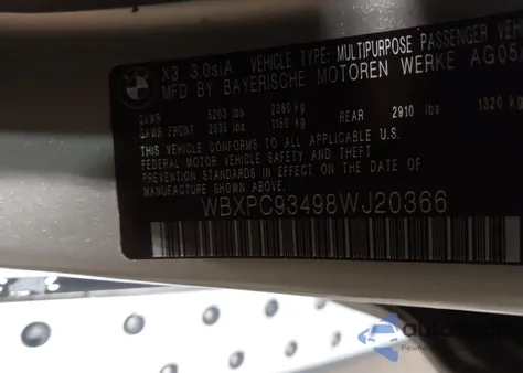 2008 BMW X3 3.0Si из США, поврежденный, VIN WBXPC93498WJ20366